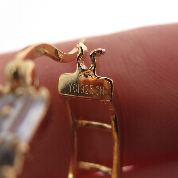 925 Sterling Silver Gold Plated Emerald & Round-Cut C Z Hoop Earrings - Picture 9 of 9